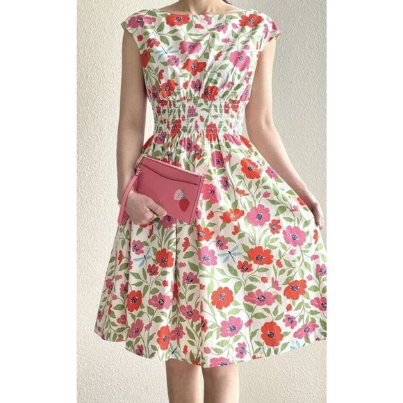 kate spade Dresses & Skirts - kate spade Garden blooms Blaire dress, Cream Floral Smocked Waist Pockets Cotton